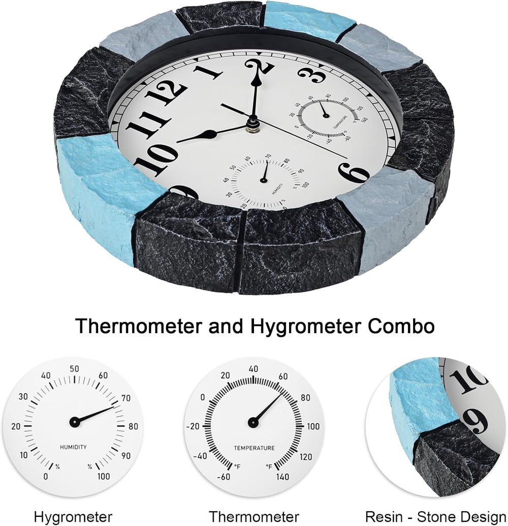 JoFomp 13 Inch Resin Faux-Stone Outdoor Clocks Waterproof with Thermometer an...