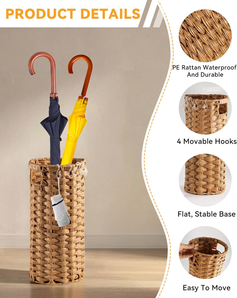 Rattan Umbrella Stand for Entryway,Hand-Woven Umbrella Holder Indoor with Doo...