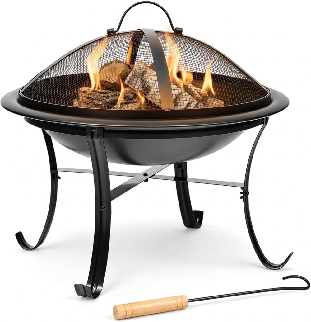 Gas One 22 in Outdoor– Wood Burning Fire Pit with Mesh Lid and Fire Picker – ...