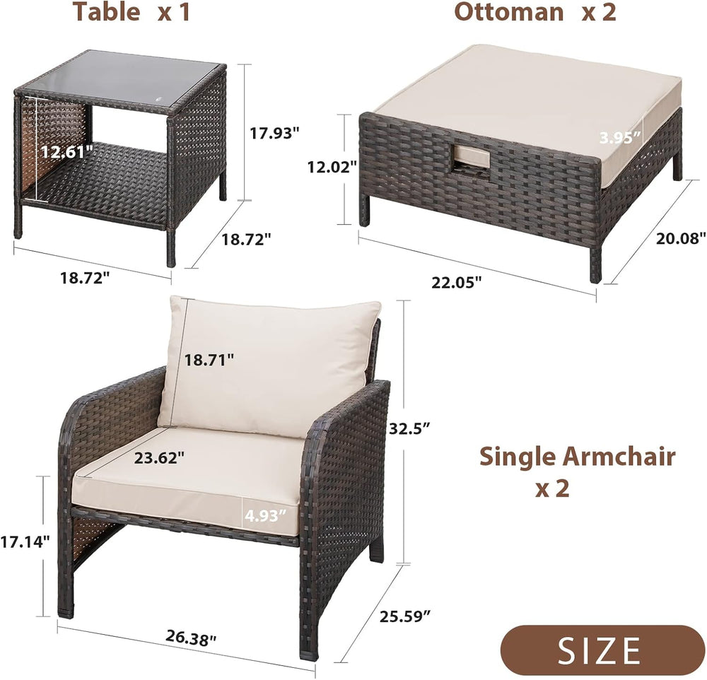 LEVELEVE Balcony Furniture 5 Piece Patio Conversation Set, PE Wicker Rattan O...