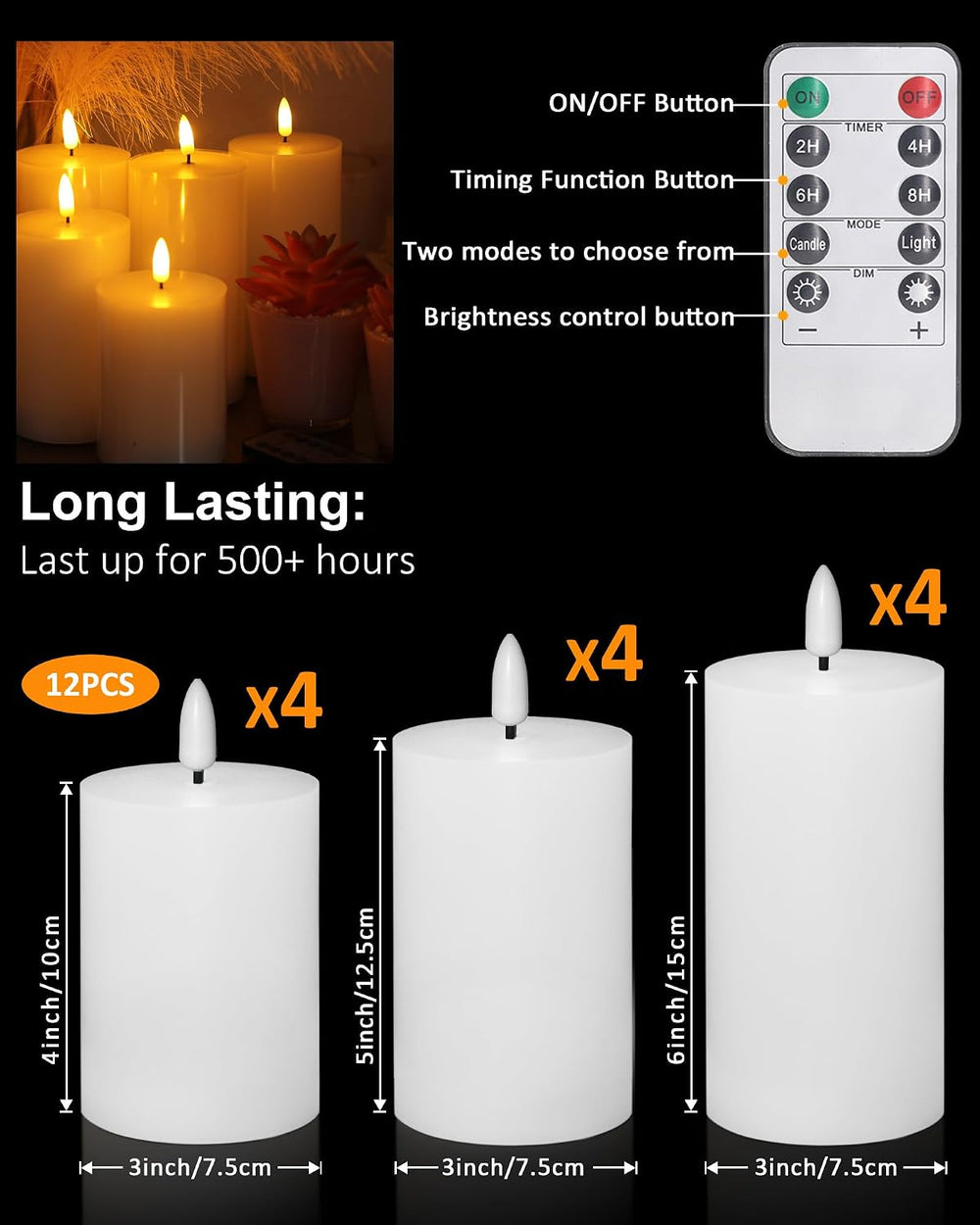 12 Pcs White Flameless Candles Flat Top LED Candles with Remote Timer, Pillar...