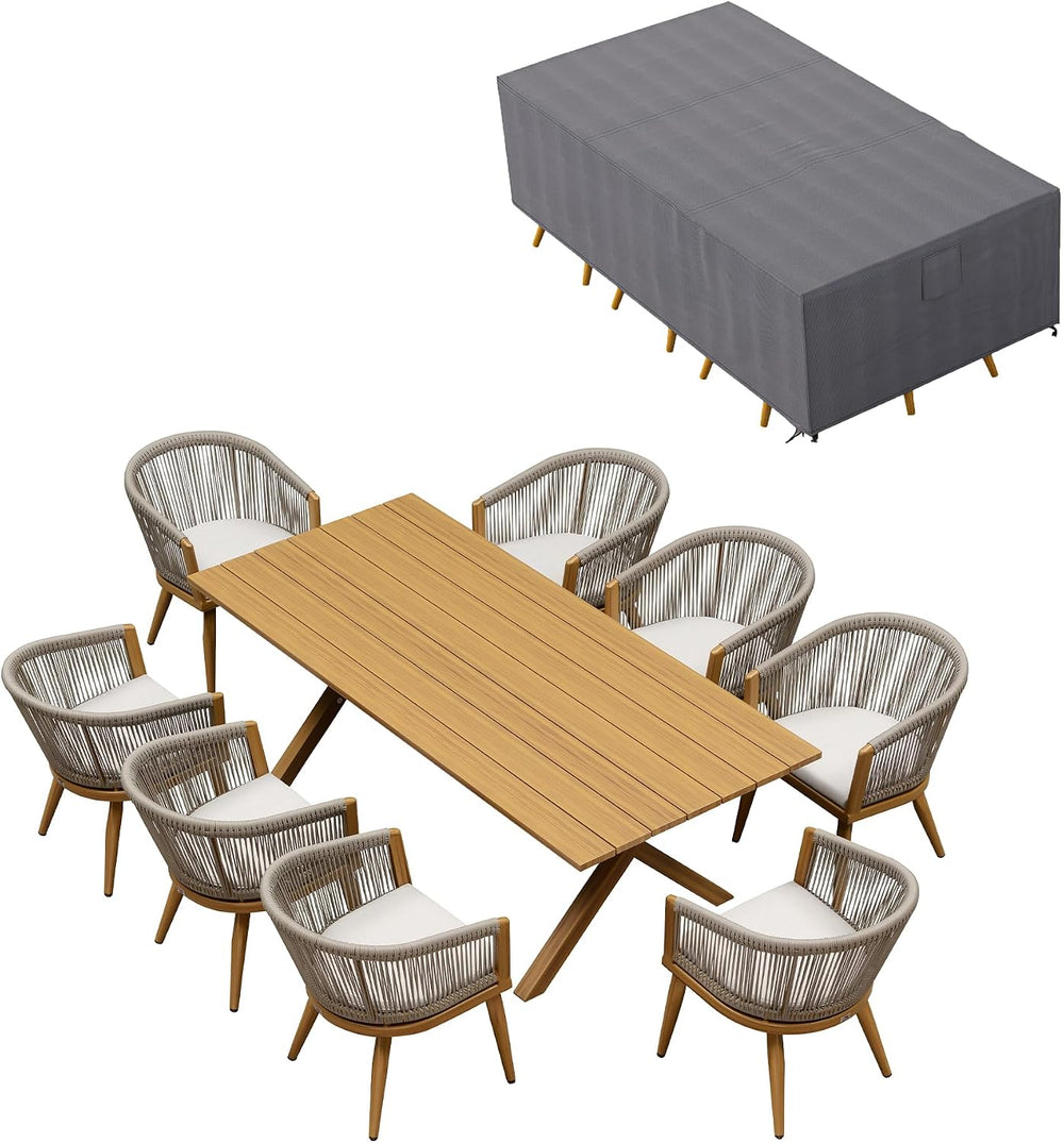 PURPLE LEAF Outdoor Dining Set for 8 with Cushions PE Rattan Teak w/Cover