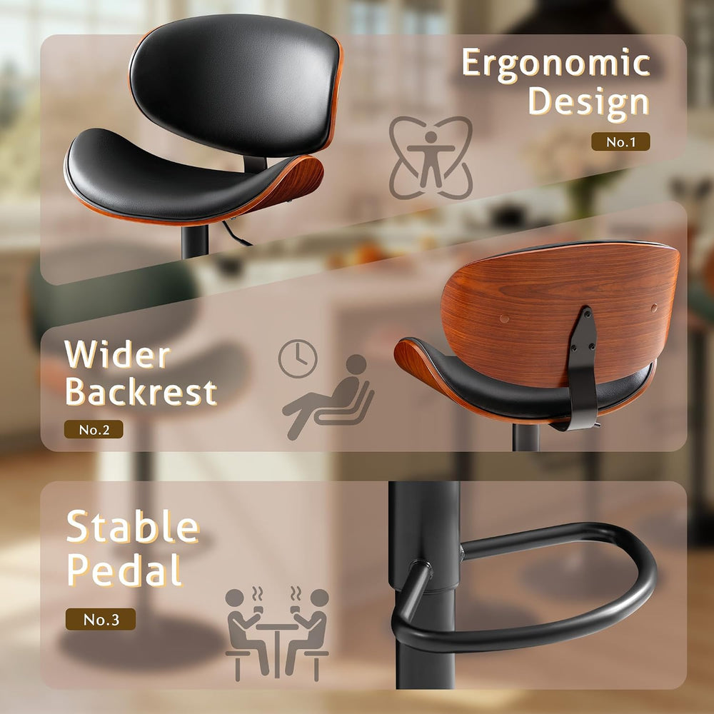 Furmax Bar Stools Set of 2 Adjustable Swivel Bentwood Barstools PU Leather Mo...