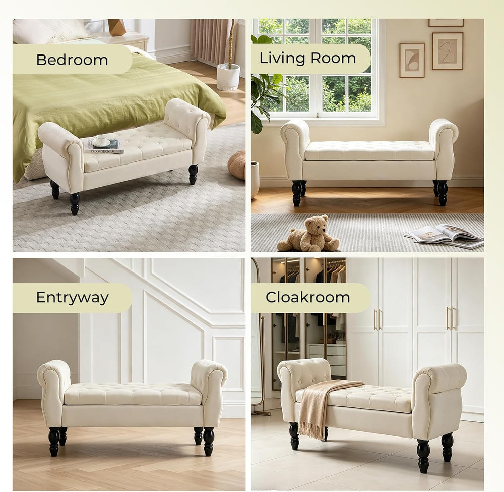 Velvet Upholstered Storage Bench with Arms and Wooden Legs, 47.6" Modern...