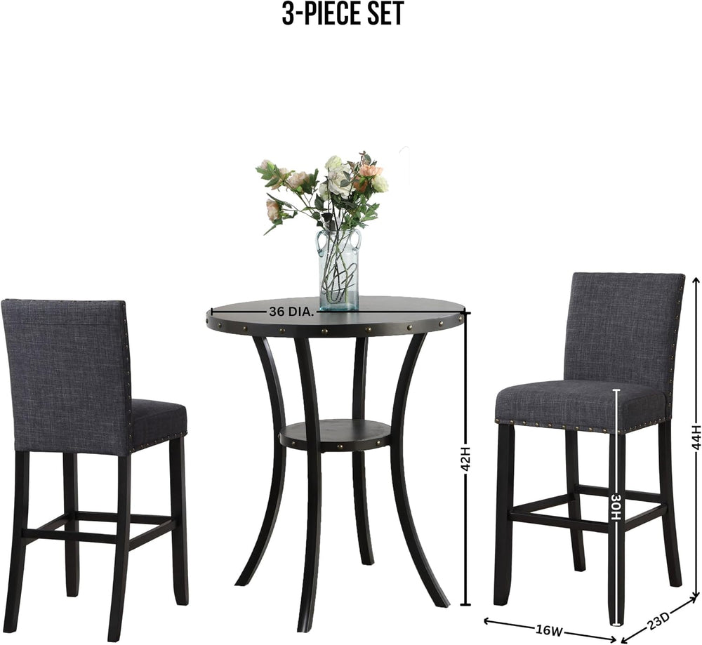 Roundhill Furniture Biony 3-Piece Round Espresso Bar Table with Nail Head Sto...