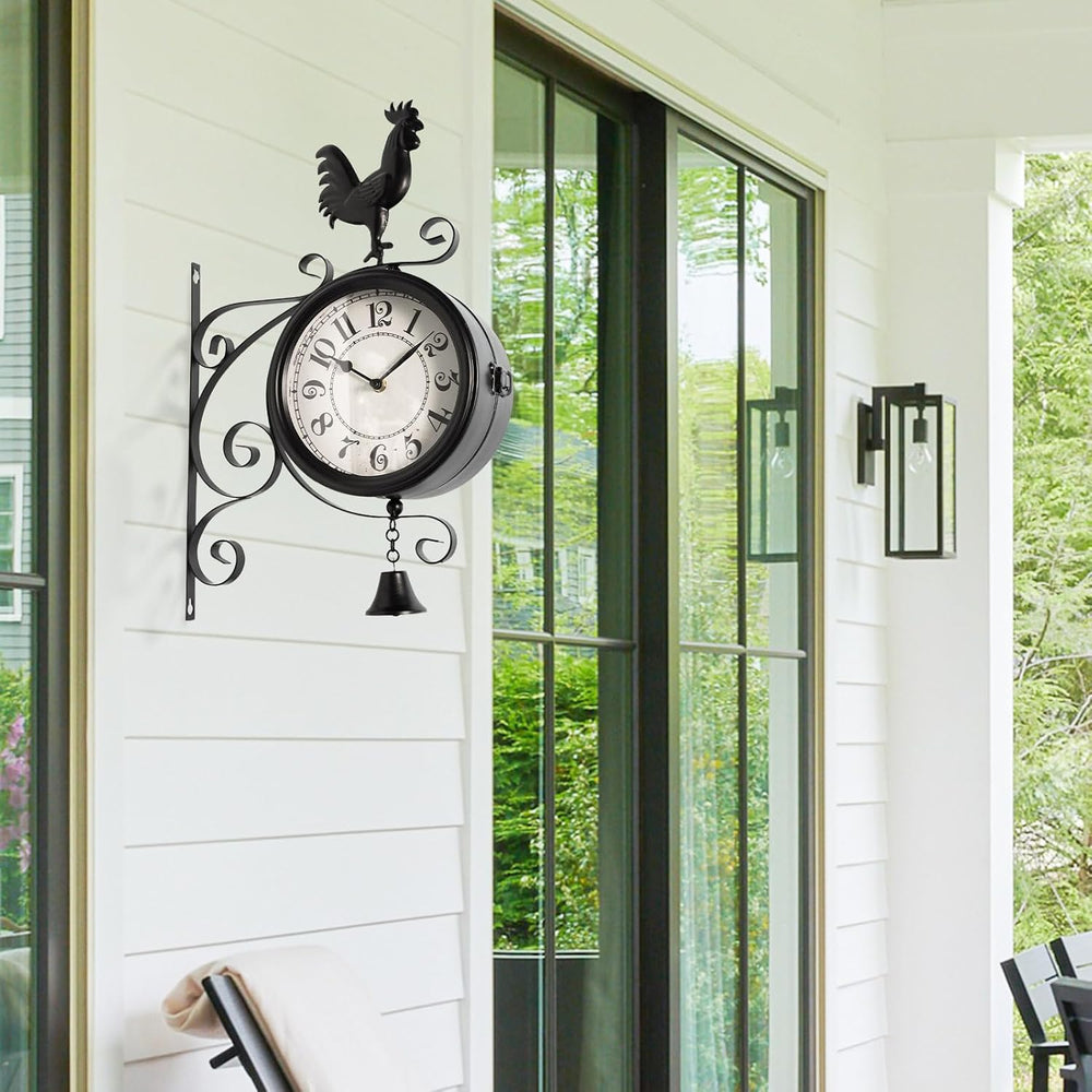 Double-Sided Outdoor Wall Clock with Interchangeable Rooster, Bird & Bear...