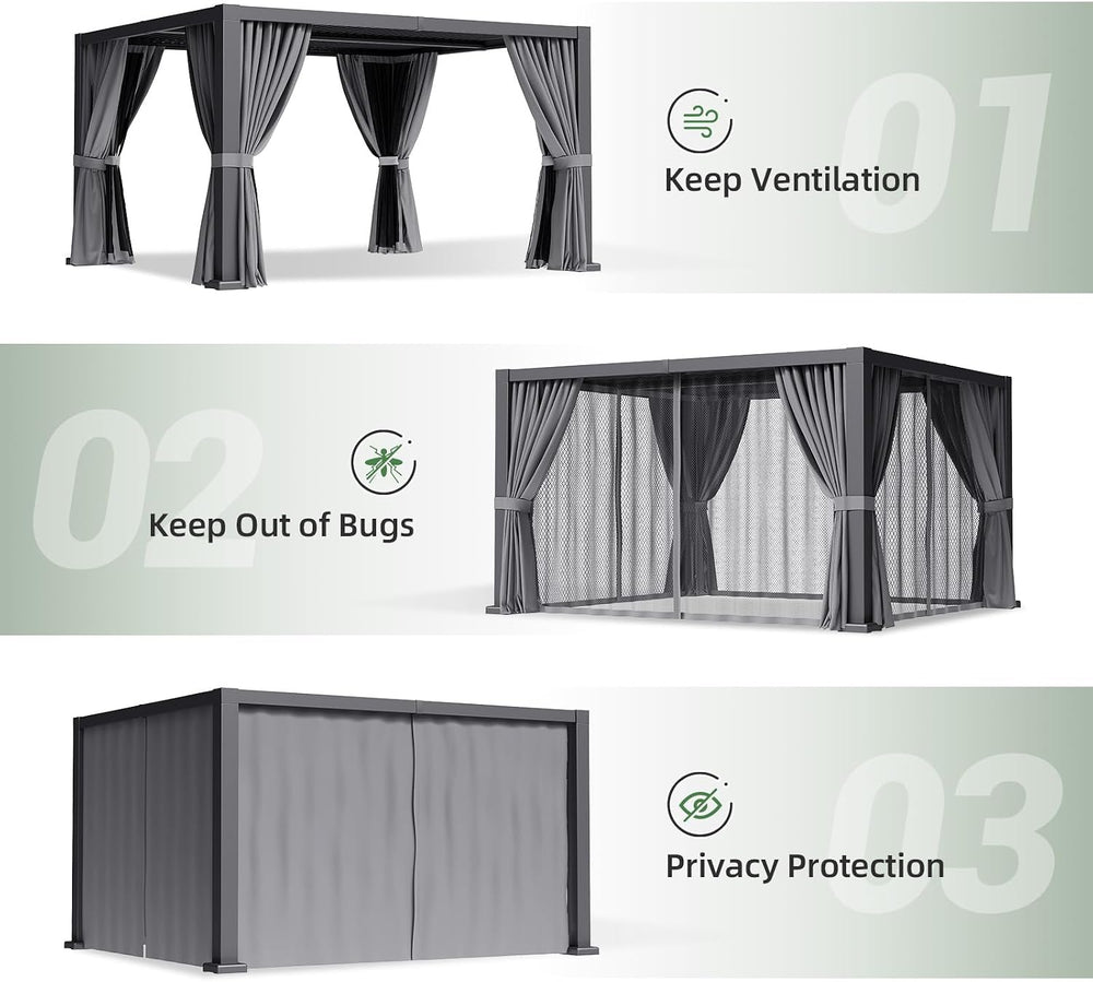 Aoxun Louvered Pergola 12x14 All-Aluminum, Waterproof Curtains and Netting