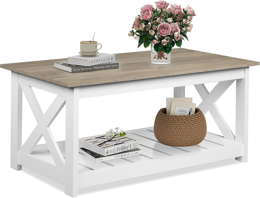 WLIVE Farmhouse Coffee Table for Living Room, 40.1" Rustic Center Table ...
