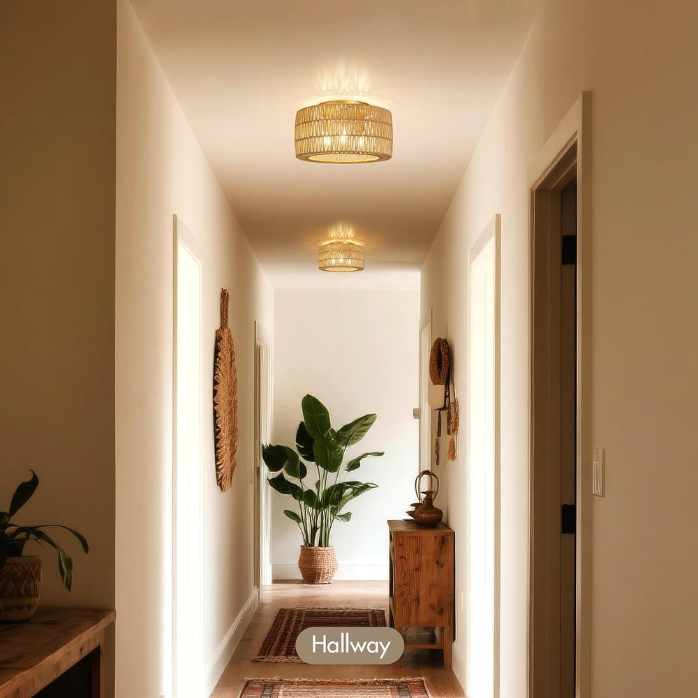 Boho Light Ceiling Fixture Flush Mount Rattan Woven Basket Chandelier for Bed...