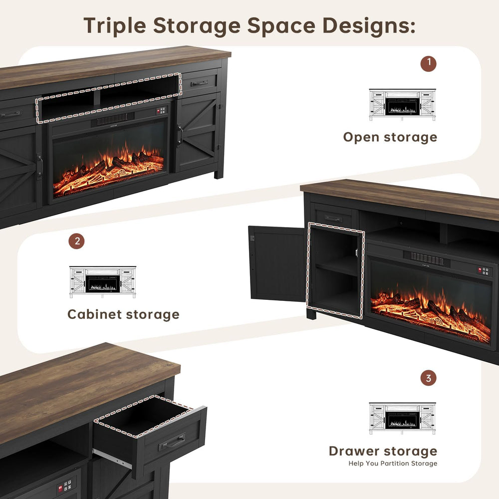 Fireplace TV Stand with Barn Door, 80 inch,Modern Black