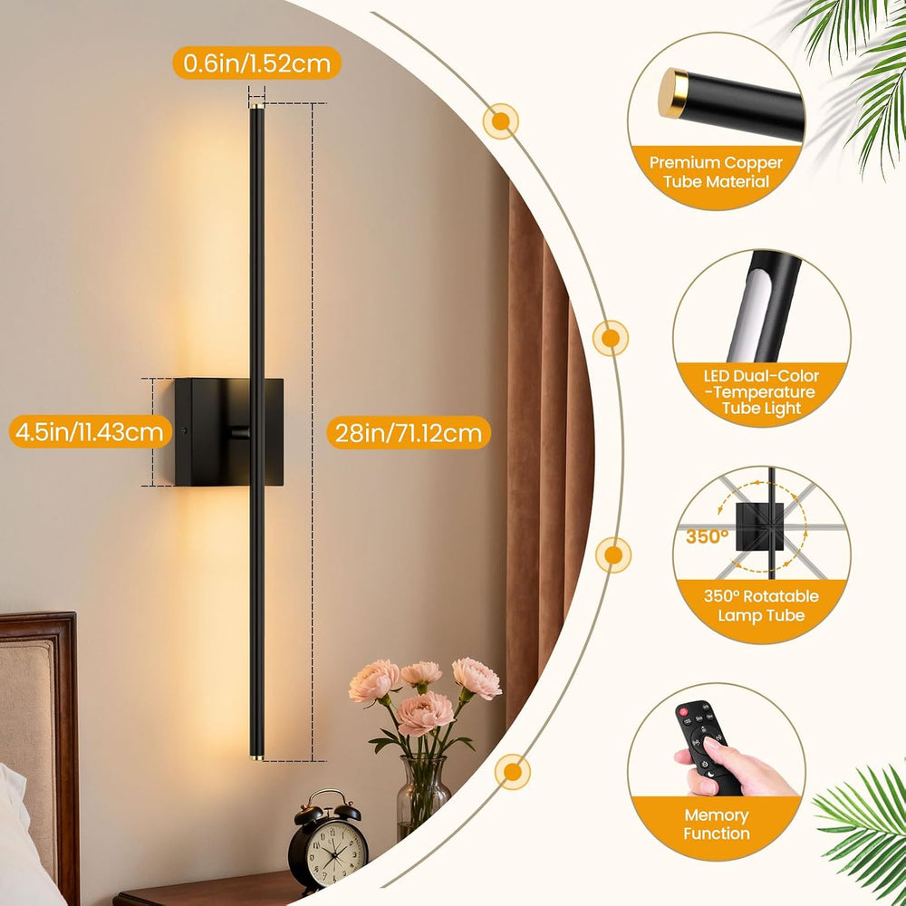 ZZXX 28 Inch Hardwired Wall Sconces Set of Two, Modern Black Wall Lights