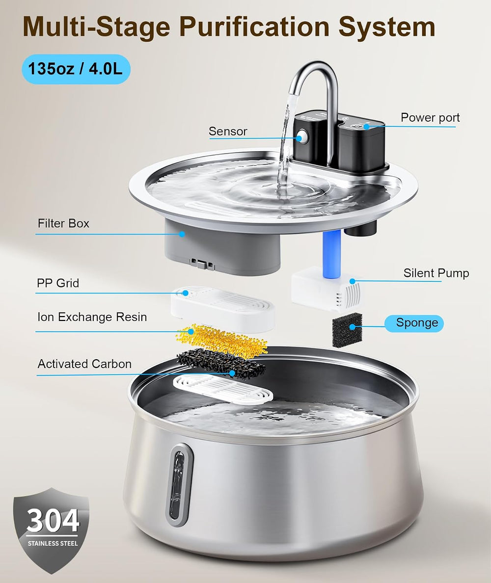 CEESC Cordless Cat Water Fountain, Stainless Steel, 4L/135oz for Cats/Dogs