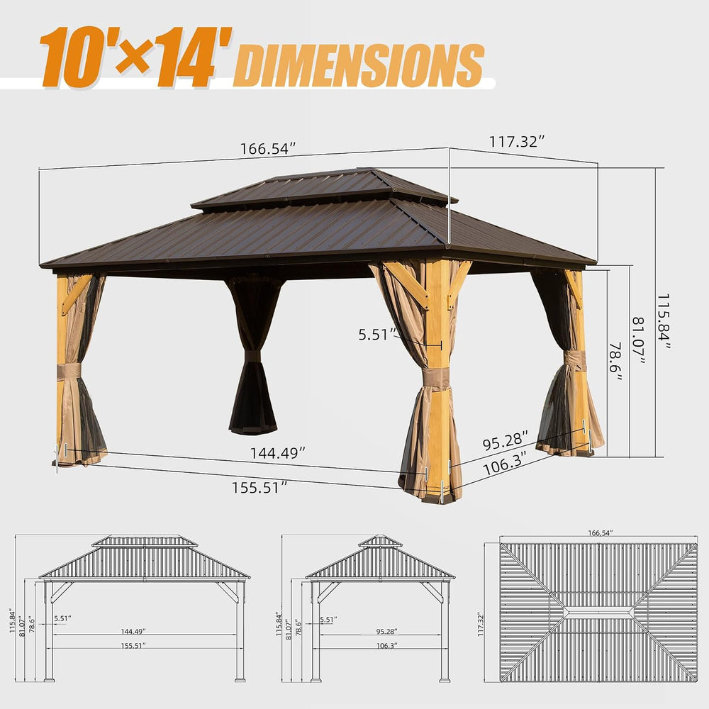 Domi 10' X 14' Wood Gazebo, Cedar Frame Hardtop Gazebo with Galvanize...