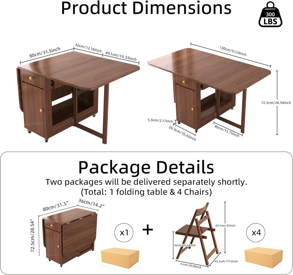 Folding Dining Table and Chairs - 51" Fully Assembled Drop Leaf Table 4-...