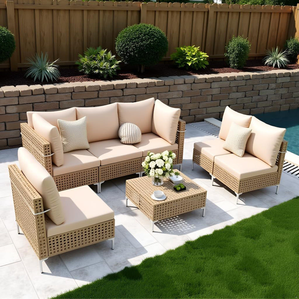 Outdoor Patio Furniture Set with Non-Slip Cushions & Coffee Table- 7 Piece