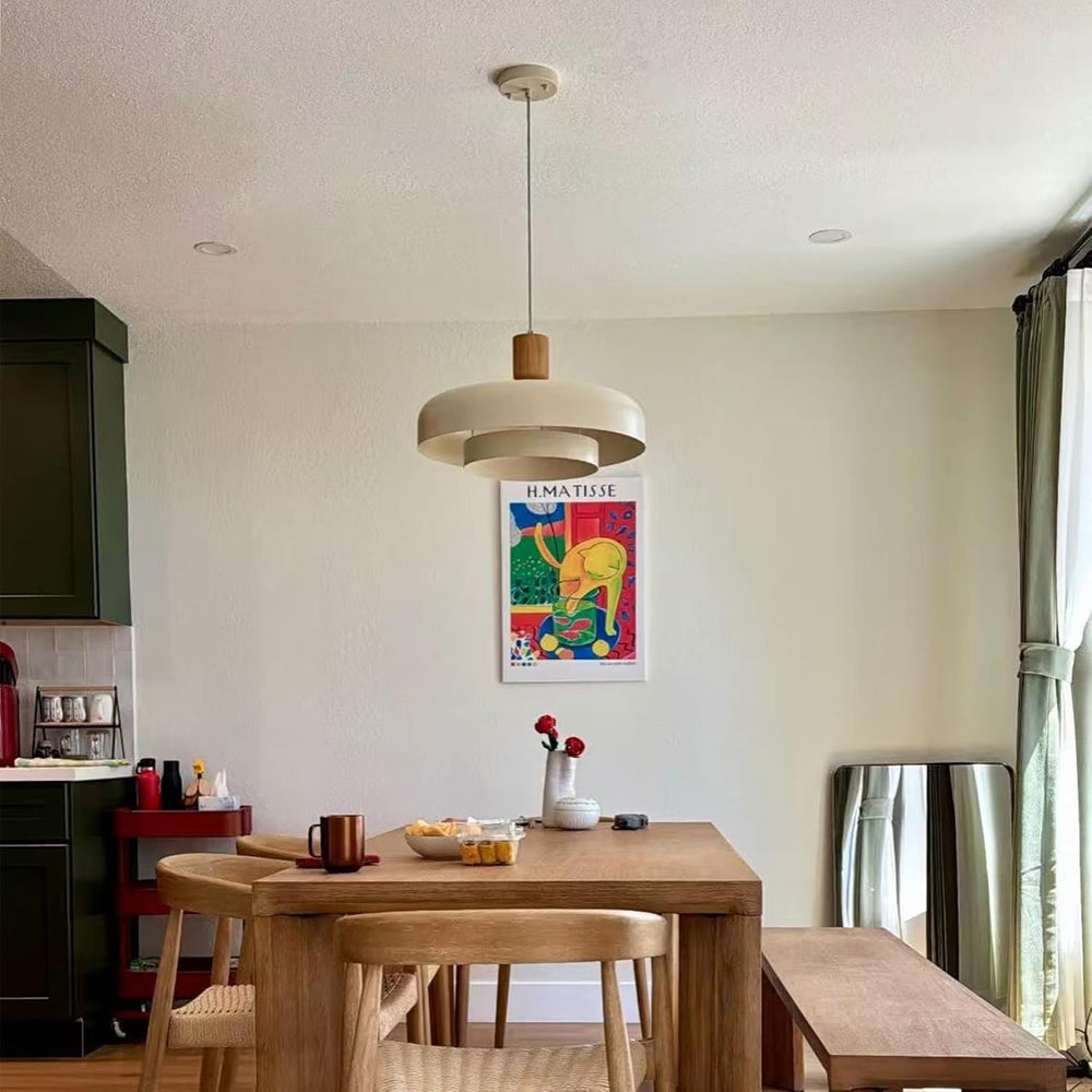 Mid Century Large Pendant Light 19.68 inch, Soft Cream, Natural Wood Cap