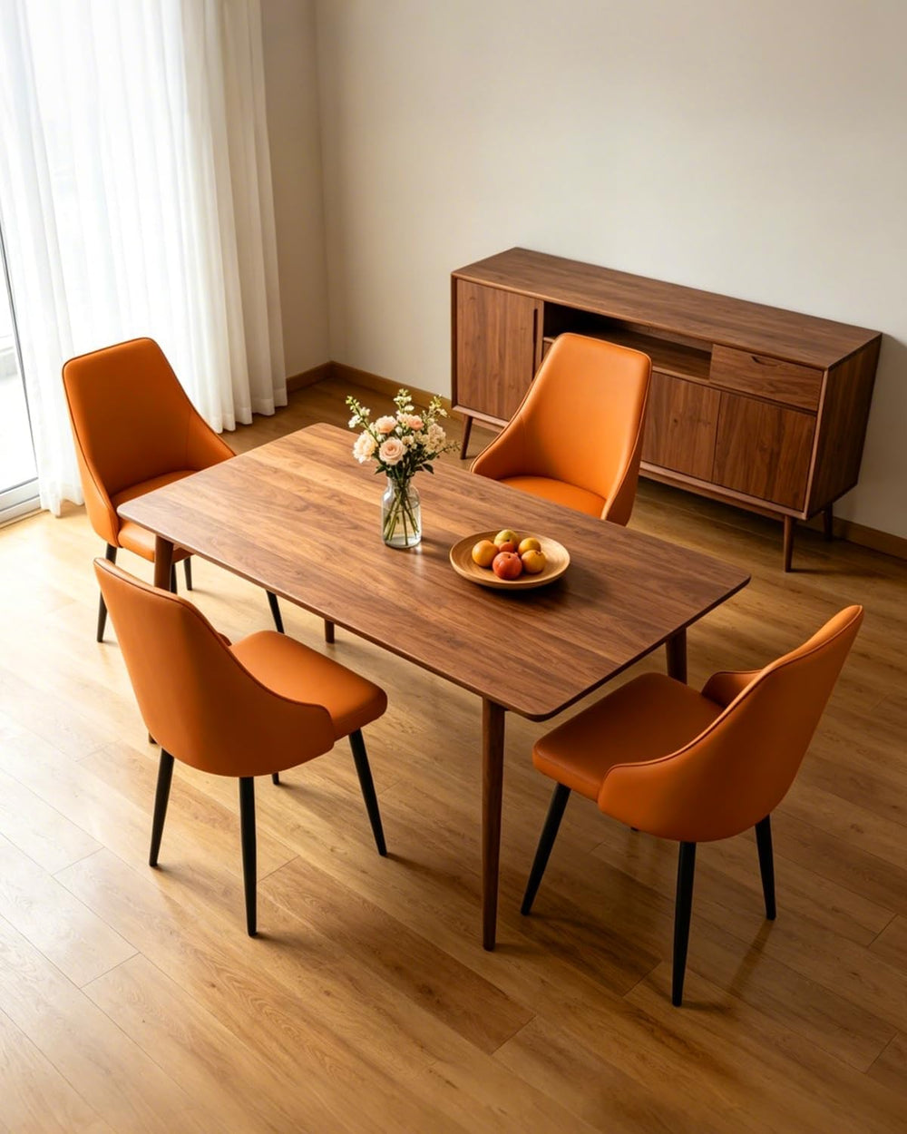 Mid-Century Modern Dining Chairs, Set of 2 Orange Leather Upholstered High Ba...