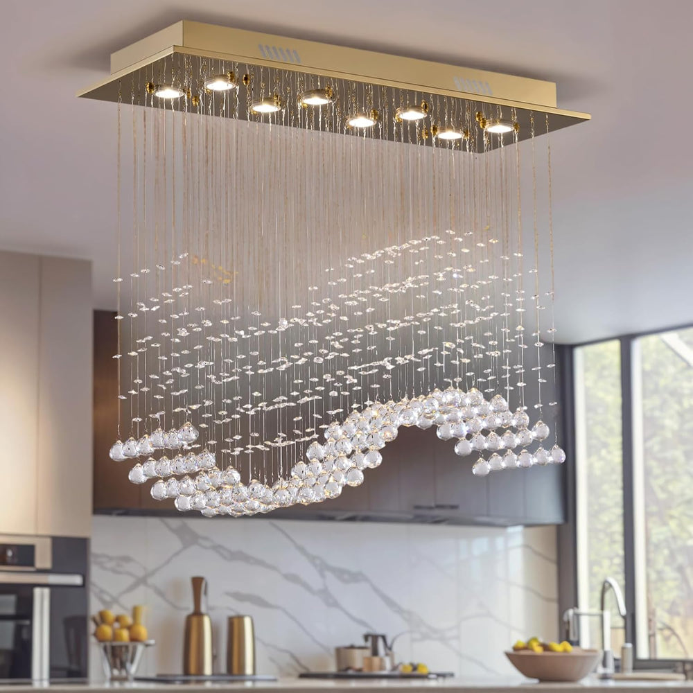 Siljoy Rectangular Gold Crystal Chandelier for Dining Room, 8-Light Modern Wa...