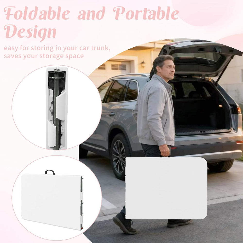 2 Pack 5 Feet Portable Folding Table White, Steel Legs Fold-in-Half with Carr...