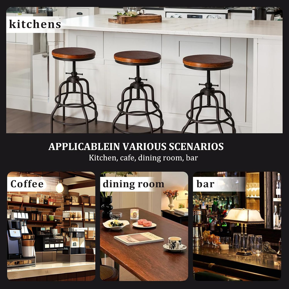 LOKKHAN Vintage Industrial Barstools - 13.8" Dia Round Wooden Brown Seat...