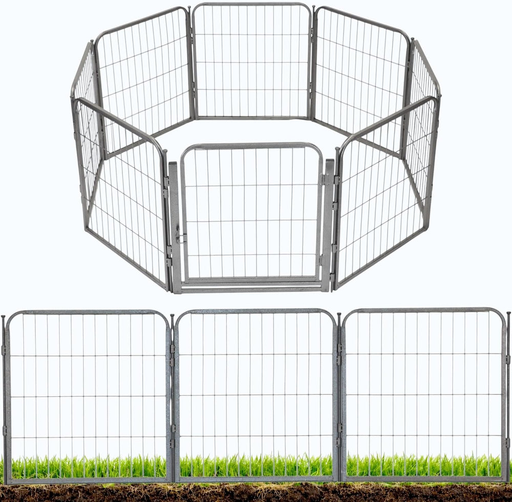 Decorative Outdoor Garden Fence - 24in, 8 Panels - Grey Heavy Duty Metal Fenc...