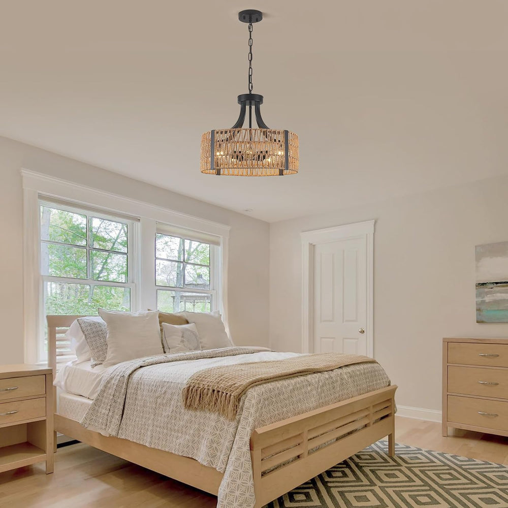 Farmhouse Chandeliers for Dining Room, 5-Light 17.7”Rattan Light Fixture with...