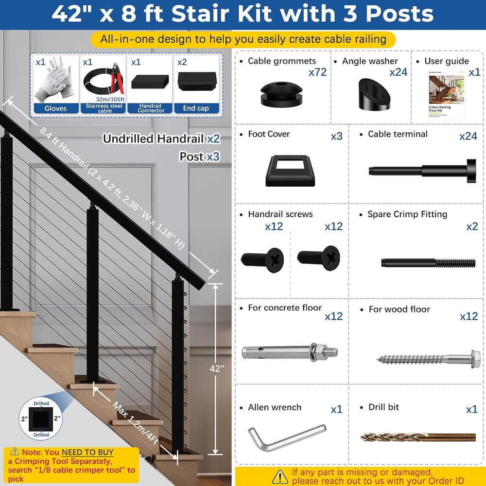 4ft-8ft Modular 42in Cable Railing System for Stair with Handrail