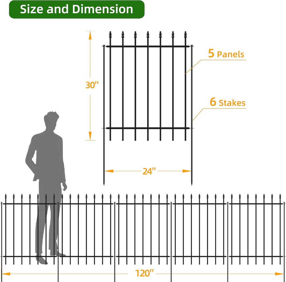 Decorative Metal Garden Fence 30" x 10', Outdoor Fence Border with S...