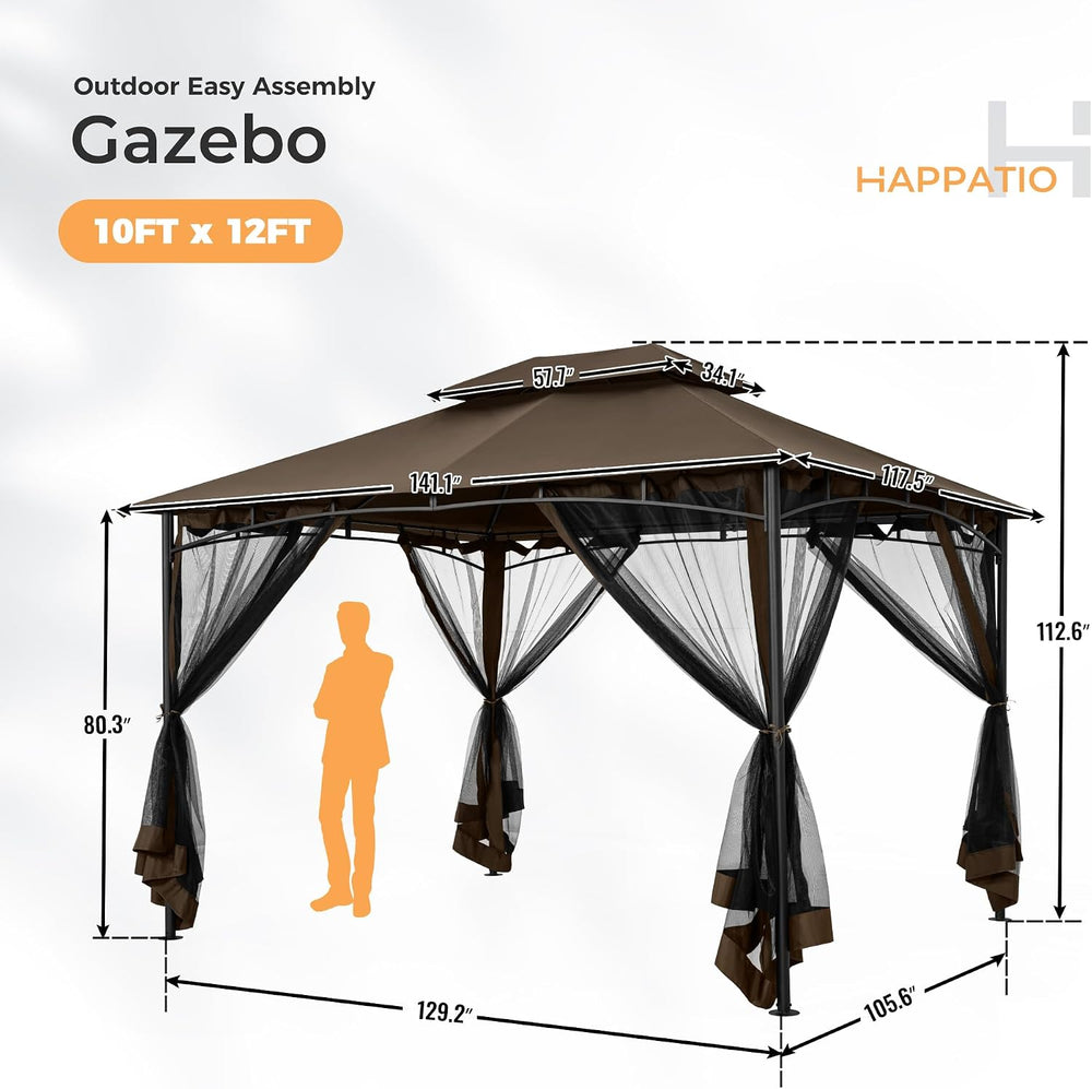 HAPPATIO Patio Gazebo 10' X 12', Ventilated Double Roof & Mosquit...