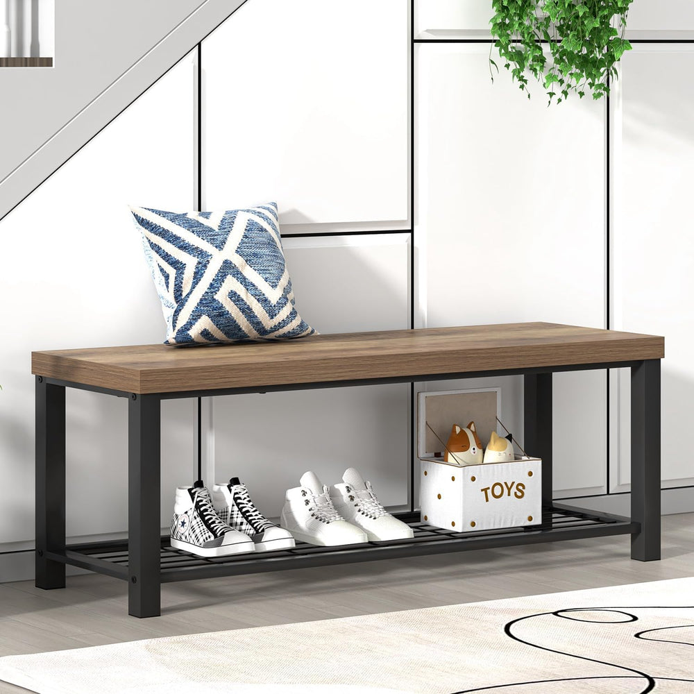 FOLUBAN Entryway Bench, Industrial Wood and Metal Storage Bench with Metal Sh...