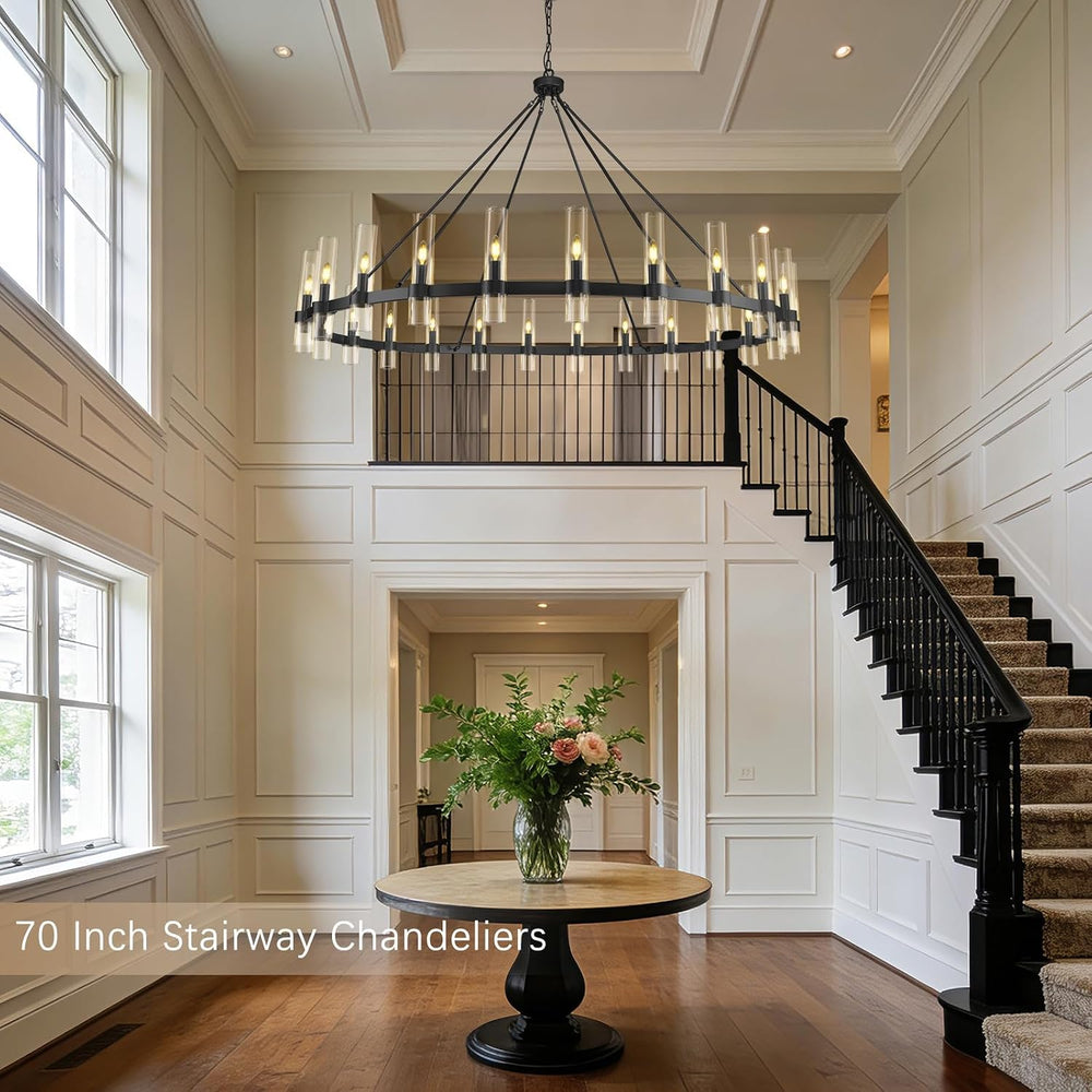 70" Black Wagon Wheel Chandelier, 24-Light Large Farmhouse Chandeliers f...
