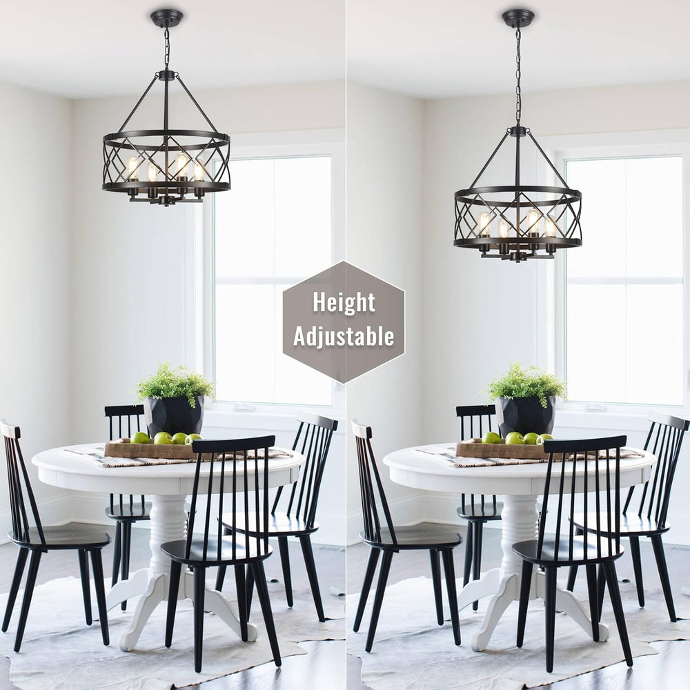 17.7" Black Farmhouse Chandelier, 4-Light Modern Drum Pendant Light Fixt...