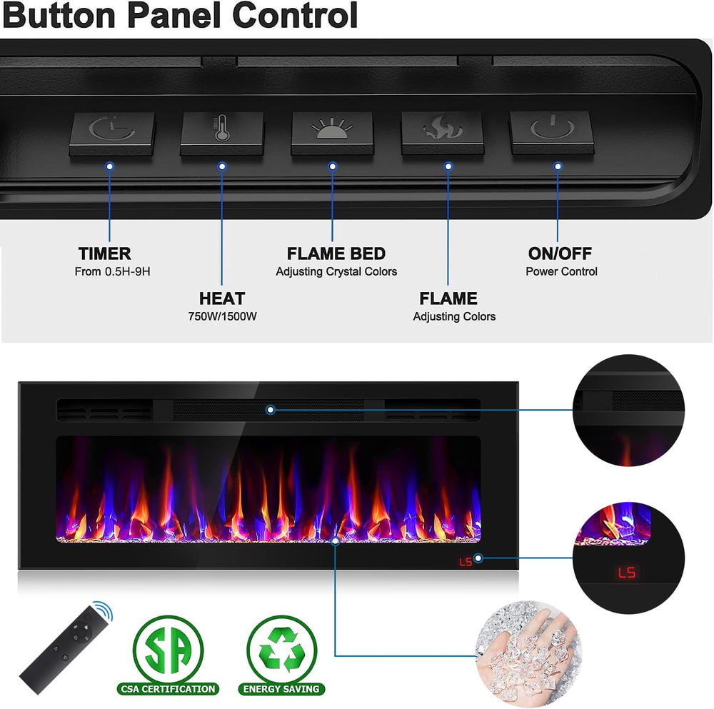 43 Inch Electric Fireplace Recessed and Wall Mounted, Fireplace Heater and Li...