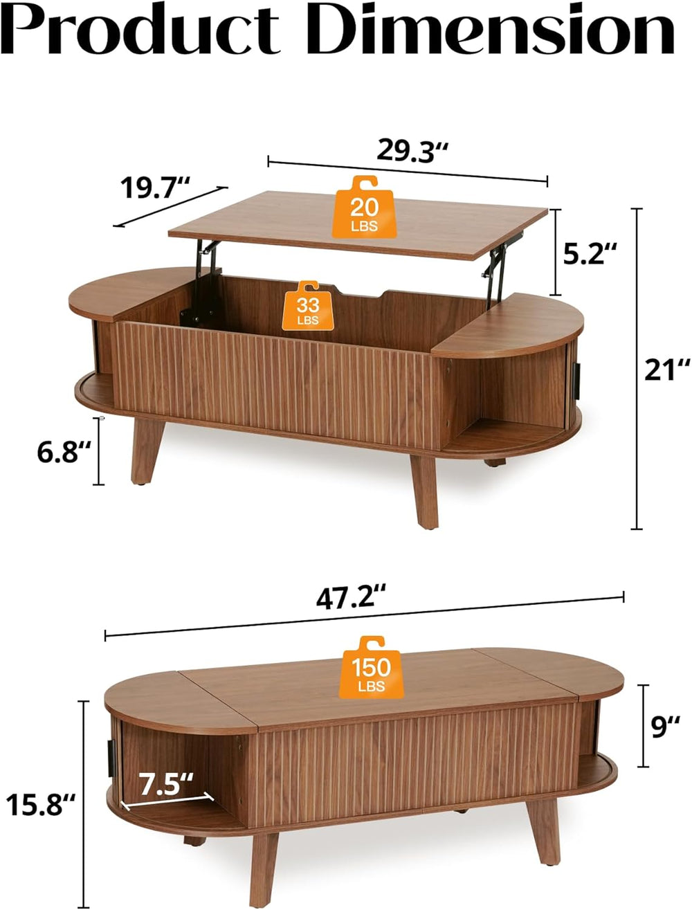 Oval Lift Top Coffee Table with Storage, 47.2" Mid Century Modern Living...