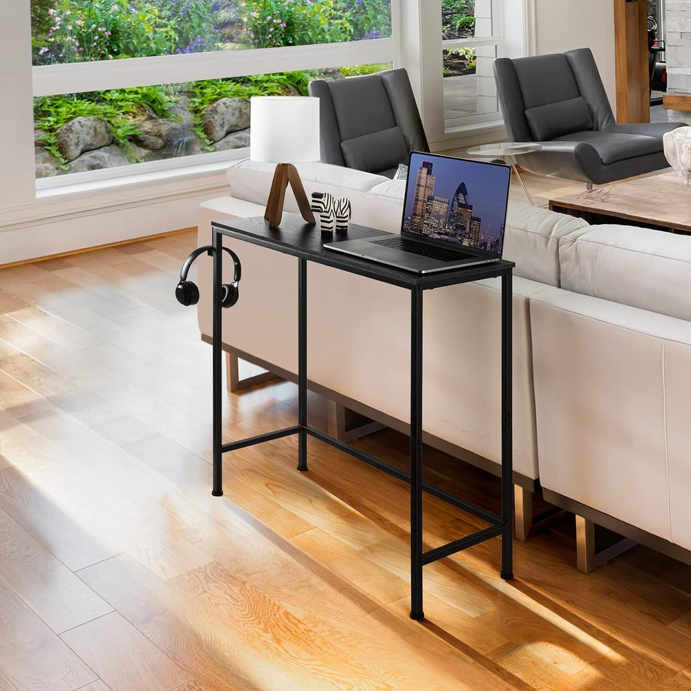 Black Modern Narrow Entryway Table - Skinny Sofa Table with Hooks for Living ...