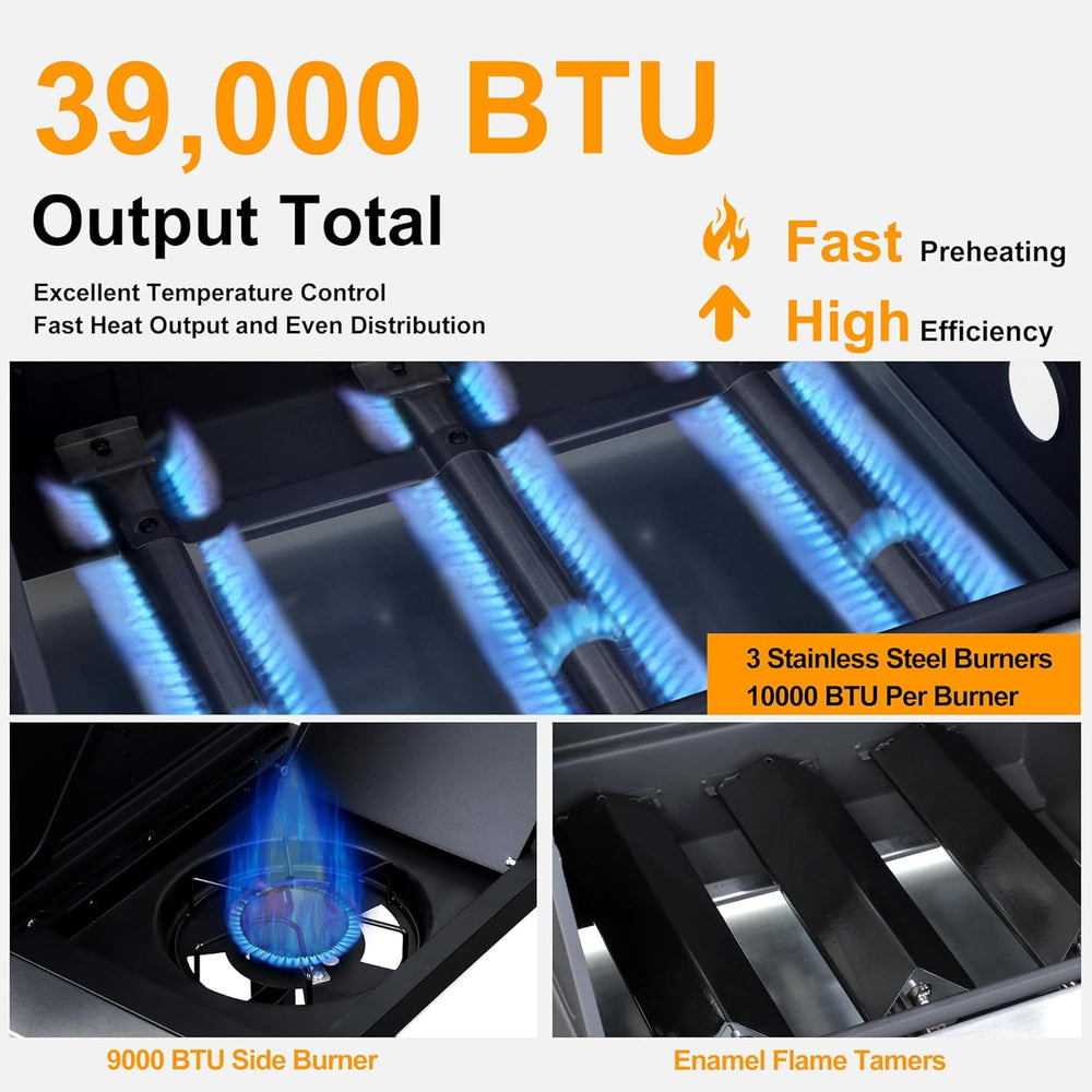 39000 BTU Output Propane Gas Grill with Side Burner and 3 Main Burners - Doub...