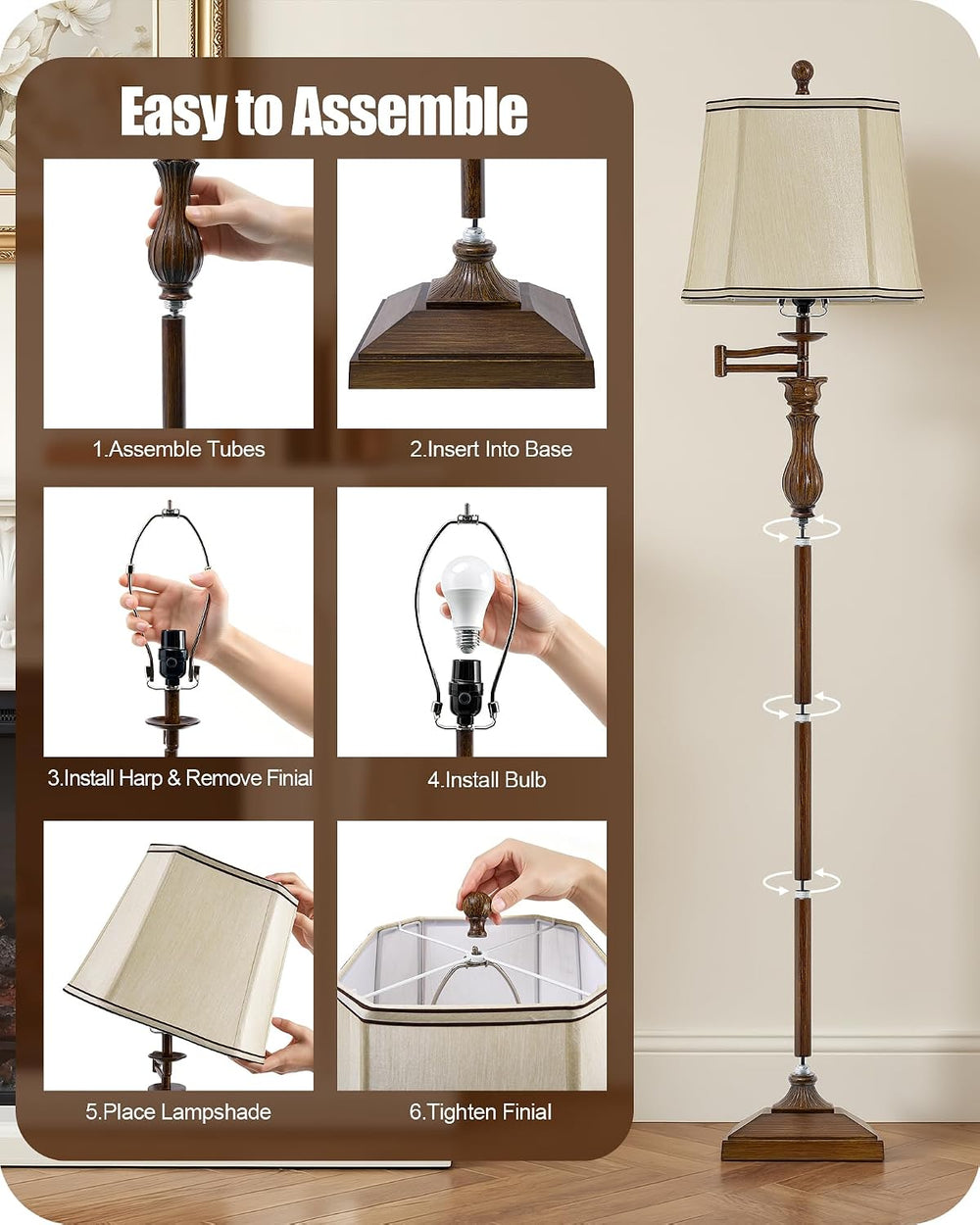 Luvkczc 62" Floor Lamp for Living Room with 350°Adjustable Swing Arm