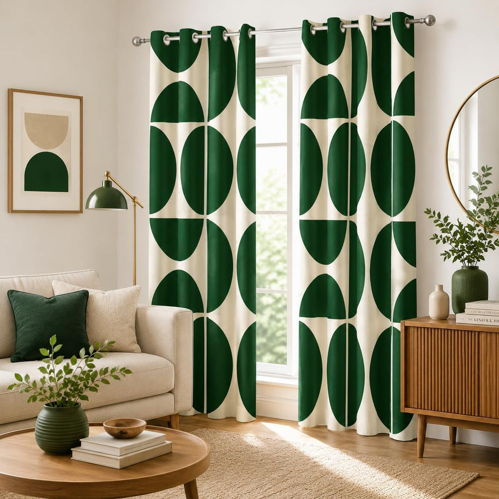 Green and Beige Modern Geometric Blackout Curtains, Mid Century Retro Abstrac...