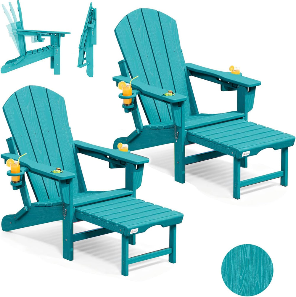 Mdeam HDPE Folding Adirondack Chairs Set of 2, 3-Level 400 lbs, Aruba Blue