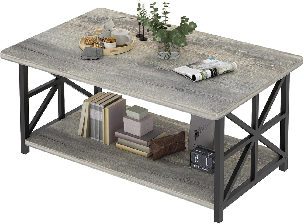 AWQM Gray Coffee Table for Living Room with Round Corners, 2 Tier Living Room...