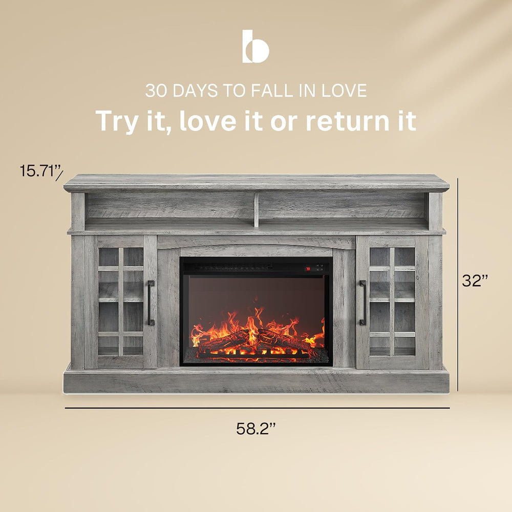 BELLEZE Astorga 58" TV Stand with 23" Electric Fireplace - Grey Wash