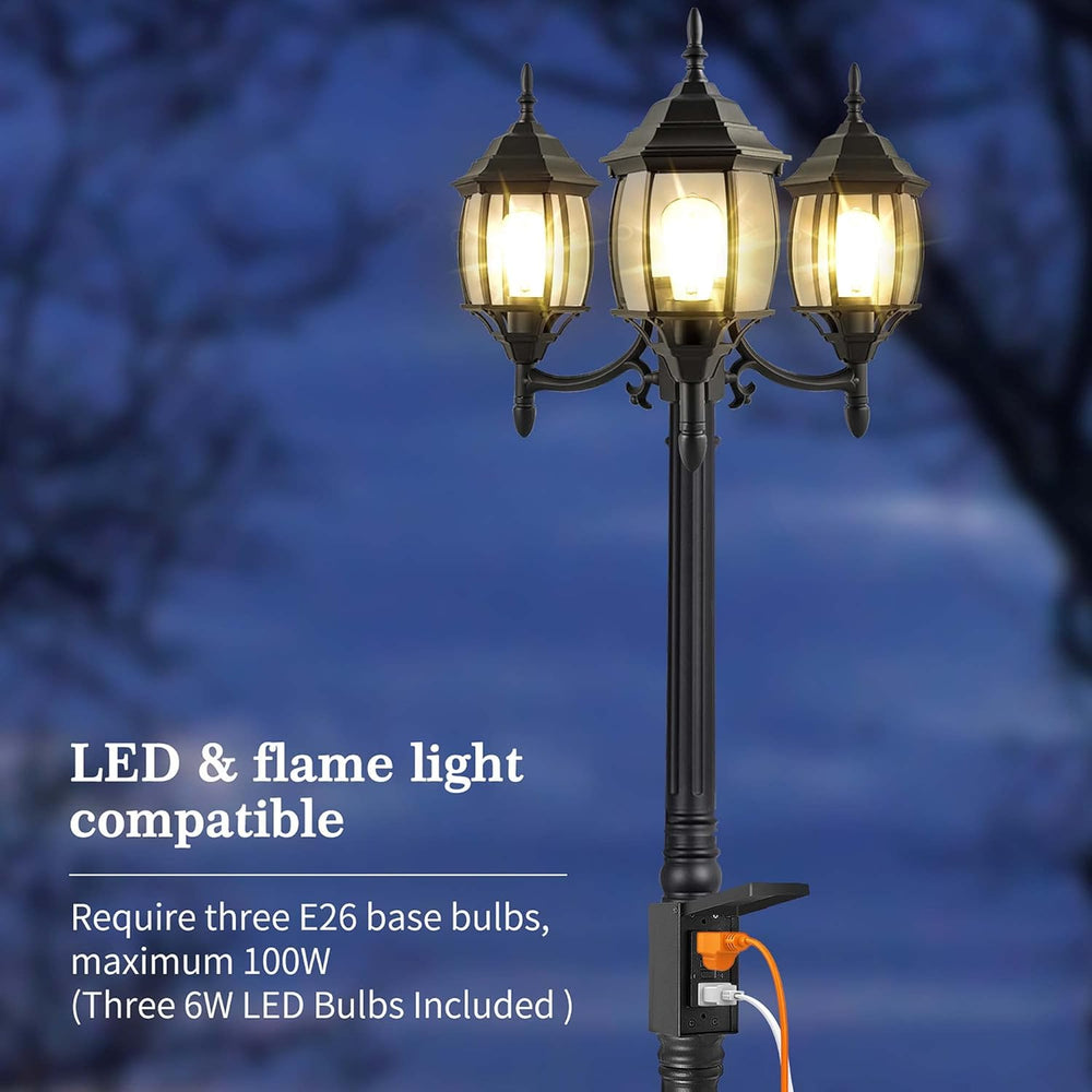 PARTPHONER Outdoor Lamp Post Light with GFCI Outlet, 3-Head Classic Black Lig...