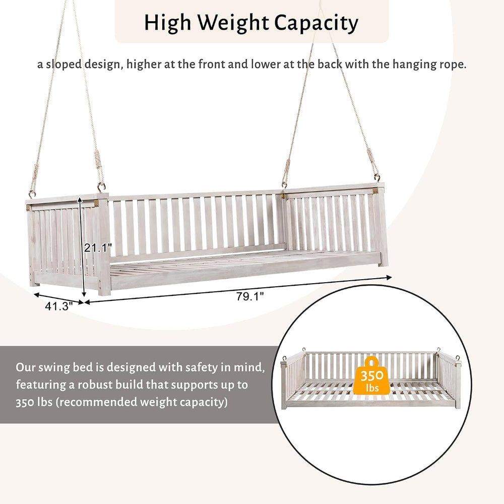 LUMISOL Outdoor Porch Swing Bed, Twin Size Acacia Wood Swing Bed Frame with R...