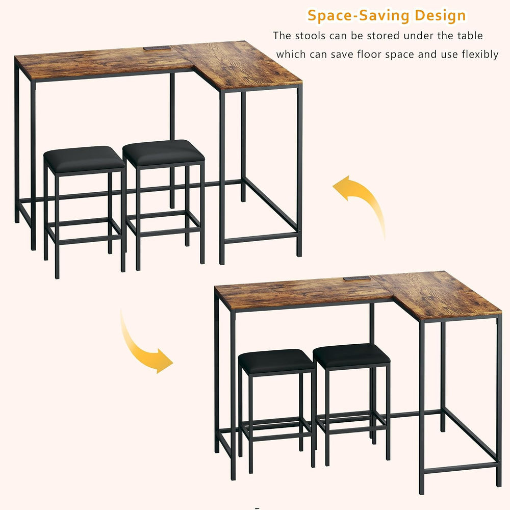 L Shaped Bar Table with Stools, 63‘’ Bar Height Table with Power Outlets, Con...