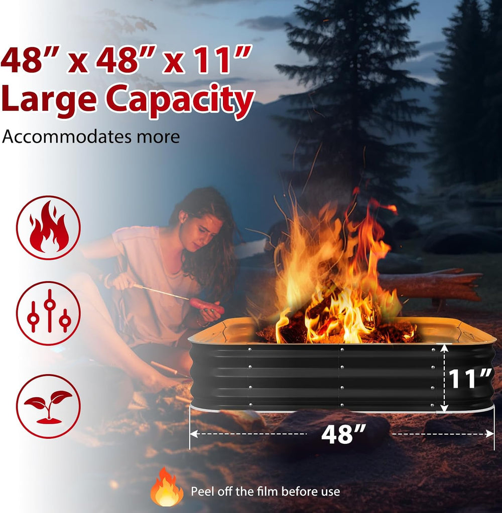 Height 11.5 Inch, Square Galvanized Steel Fire Pit for Outside, Heavy Duty St...