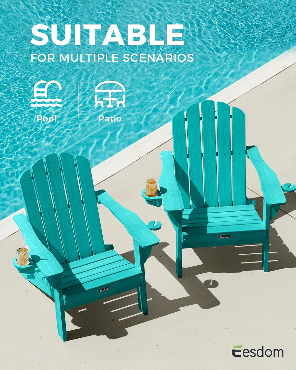 Folding Adirondack Chair, All-Weather HDPE Patio Chair with 2 Cup Holders