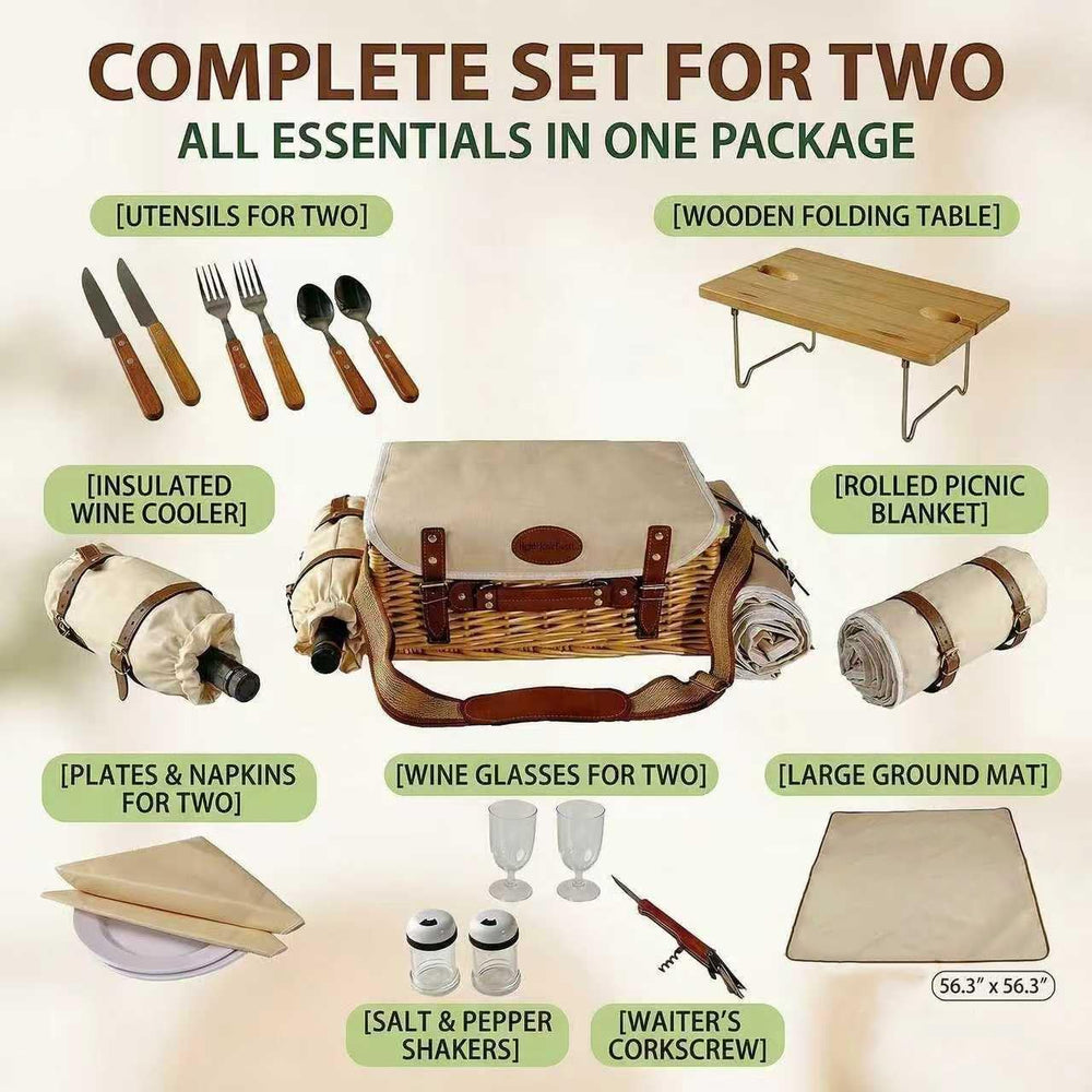 Multifunctional Wicker Picnic Basket Set for 2 Adults with Picnic Table and B...