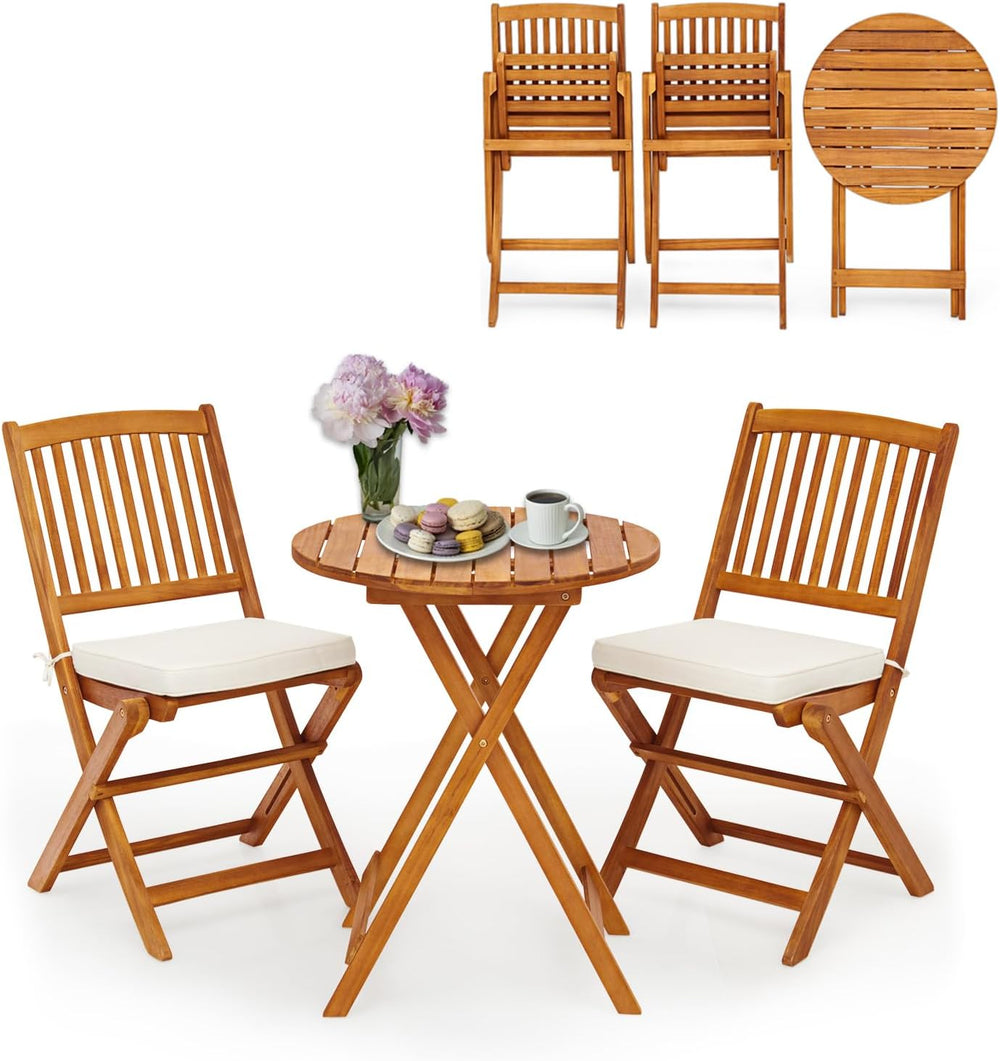 S AFSTAR 3 Pieces Patio Bistro Set, Acacia Wood Bistro Set Folding Chair with...