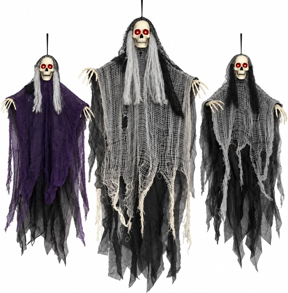 Halloween Decorations Outdoor, 3 Pack Glowing Eyes Hanging Skeleton Ghosts