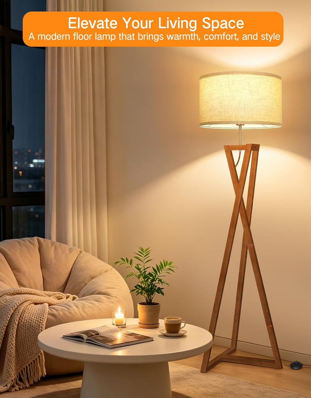 OUTON 62" Wood Tripod Floor Lamp, Dimmable Mid Century Modern Vintage La...